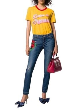 Dolce & Gabbana Floral Applique Skinny Denim Jeans Rose Distressed Pretty, Sz 27